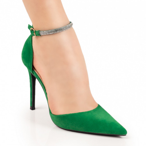 Pantofi dama, Pantofi cu toc si bareta cu insertie de pietre verde suede ZEF07826 - zeforia.ro