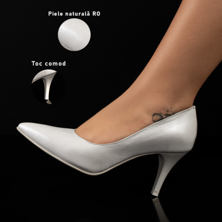 Pantofi cu toc subtire dama alb sidefat din Piele naturala MOD11003, 3, modlet.ro