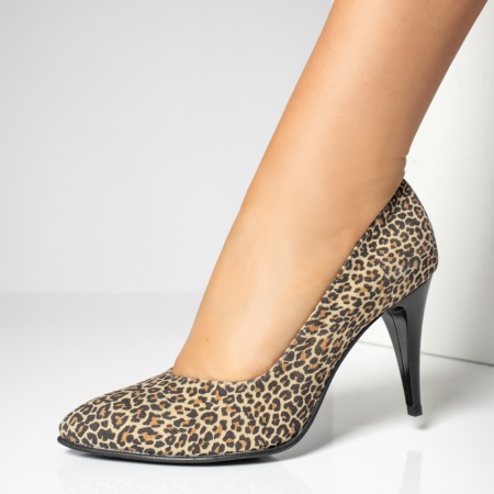 Pantofi Stiletto, Pantofi cu toc subtire dama si print maro din Piele naturala MOD12257, modlet.ro