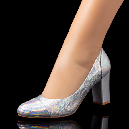 Pantofi cu toc, Pantofi dama argintii cu toc gros ZEF05480 - zeforia.ro