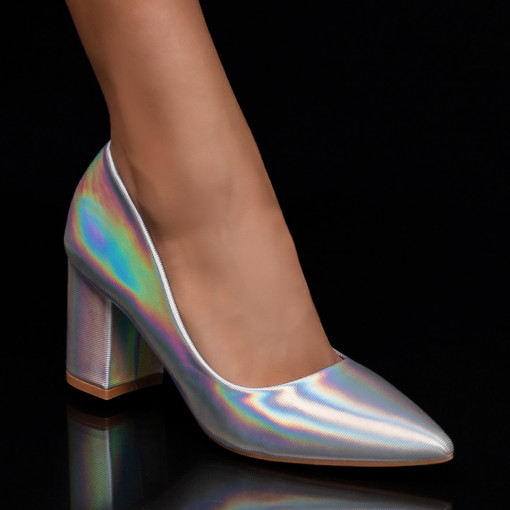 Pantofi cu toc, Pantofi dama argintii cu toc gros ZEF06134 - zeforia.ro