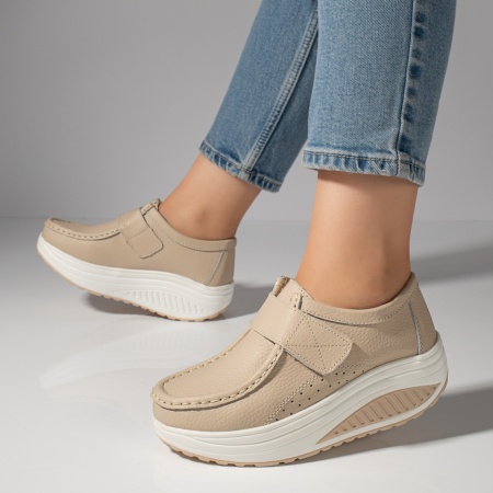 Pantofi dama casual cu platforma din Piele naturala bej MOD03866, 2, modlet.ro