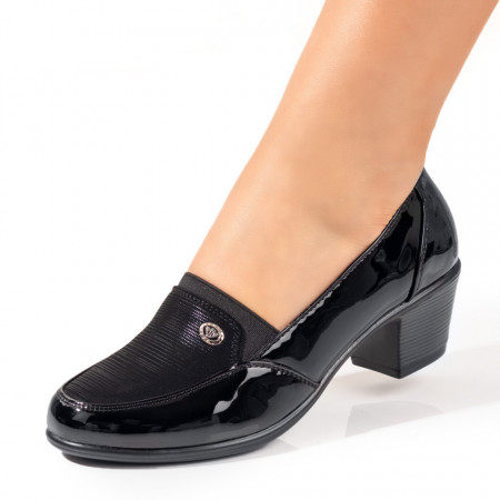 Pantofi cu toc mic dama, Pantofi dama cu aspect lucios negri ZEF10483 - zeforia.ro