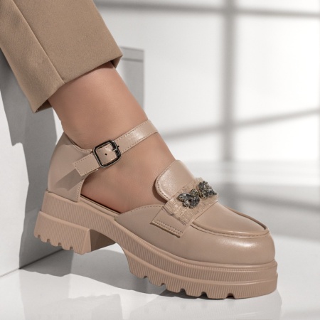 Pantofi dama cu bareta si aplicatii cu pietre bej MOD13014, 4, modlet.ro