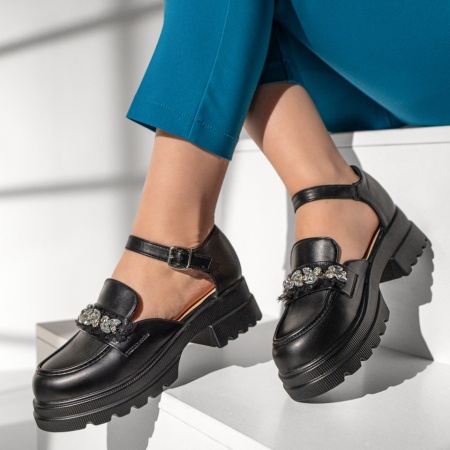 Pantofi casual dama, Pantofi dama cu bareta si aplicatii cu pietre negri MOD13014, modlet.ro
