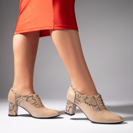 Pantofi dama cu siret si toc bej din Piele naturala MOD11009, 4, modlet.ro