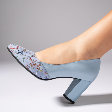 Pantofi cu toc gros dama, Pantofi dama cu toc gros albastri cu imprimeu din Piele naturala ZEF01491 - zeforia.ro