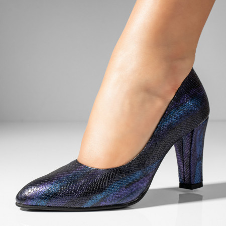 Pantofi cu toc, Pantofi dama cu toc gros albastri cu print din Piele naturala ZEF10220 - zeforia.ro