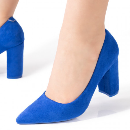 Pantofi dama cu toc gros albastri suede ZEF08568