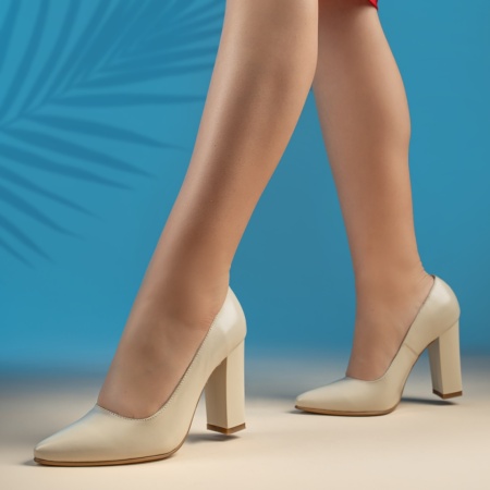 Pantofi dama cu toc gros bej din Piele naturala ZEF13475, 3, zeforia.ro