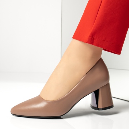 Pantofi dama cu toc gros bej inchis IRIS42, 2, modlet.ro