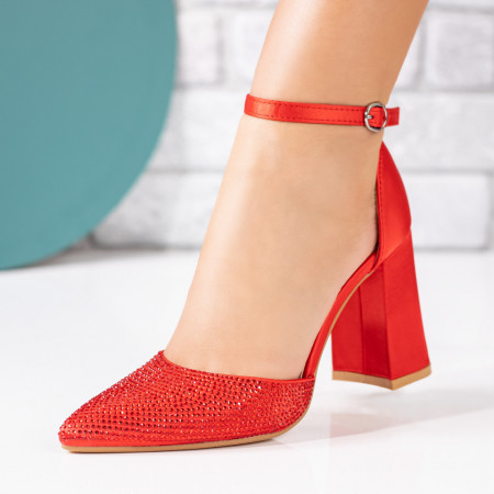 Pantofi cu toc gros dama, Pantofi dama cu toc gros din satin rosii ZEF08818 - zeforia.ro