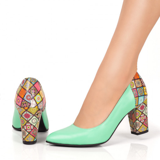Pantofi cu toc gros dama, Pantofi dama cu toc gros eleganti verzi din Piele naturala ZEF06142 - zeforia.ro