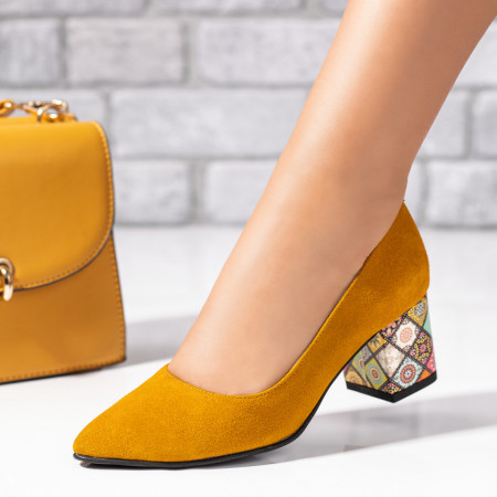 Pantofi dama, Pantofi dama cu toc gros galbeni suede din Piele naturala MOD09737, modlet.ro