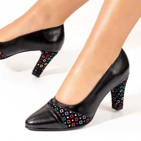 Pantofi dama, Pantofi dama cu toc gros multicolor din Piele naturala MOD10226, modlet.ro