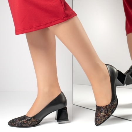 Pantofi dama cu toc gros negre din Piele naturala MOD07649