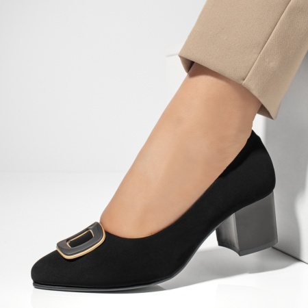 Pantofi dama, Pantofi dama cu toc gros si accesoriu decorativ negru suede MOD13004, modlet.ro