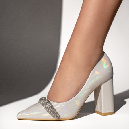Pantofi dama cu toc gros si aplicatii cu pietre argintii cu reflexii MOD12763, 2, modlet.ro