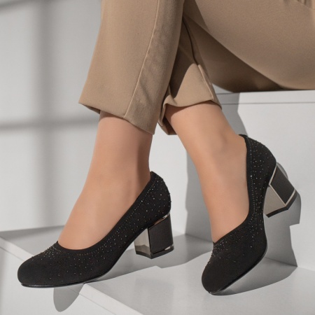 Pantofi dama, Pantofi dama cu toc gros si aplicatii cu pietre negru suede MOD11948, modlet.ro