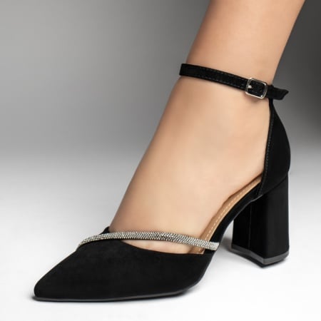 Pantofi dama cu toc gros si bareta negri ZEF13539