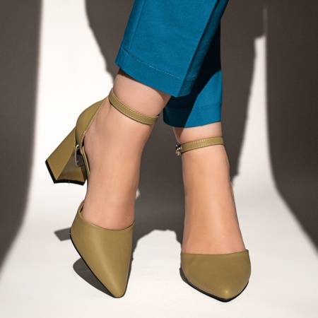 Pantofi dama, Pantofi dama cu toc gros si bareta verzi cu aspect mat MOD13101, modlet.ro