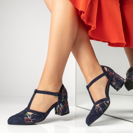 Pantofi dama cu toc gros si imprimeu albastru suede din Piele naturala MOD13600