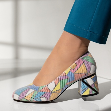 Pantofi dama cu toc gros si imprimeu multicolor ANA11, 2, modlet.ro