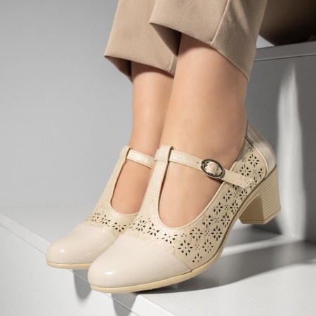 Pantofi dama cu toc gros si perforatii bej MOD13258, 4, modlet.ro