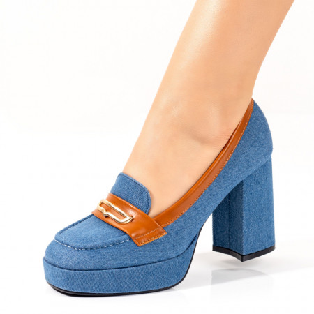 Pantofi dama, Pantofi dama cu toc gros si platforma albastri cu maro ZEF09803 - zeforia.ro
