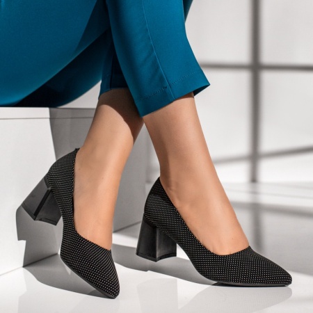Pantofi dama cu toc gros si print negri INA31, 3, modlet.ro
