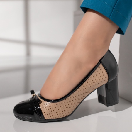 Pantofi cu toc gros dama, Pantofi dama cu toc gros si varf lacuit negru cu bej MOD12119, modlet.ro