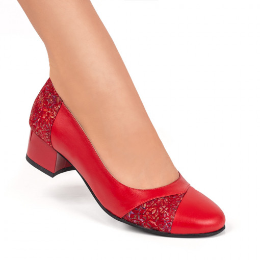 Reduceri incaltaminte dama, Pantofi dama cu toc mic rosii cu imprimeu din Piele naturala ZEF00230 - zeforia.ro