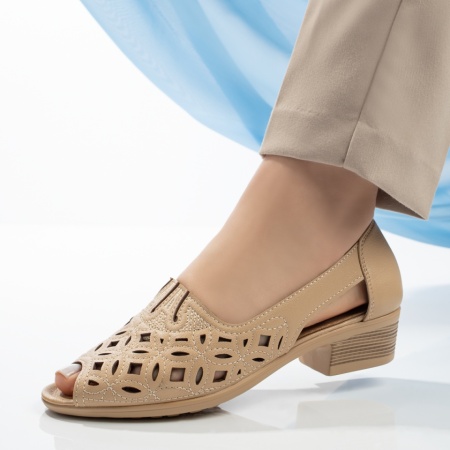 Pantofi dama, Pantofi dama cu toc mic si perforatii bej inchis MOD13326, modlet.ro