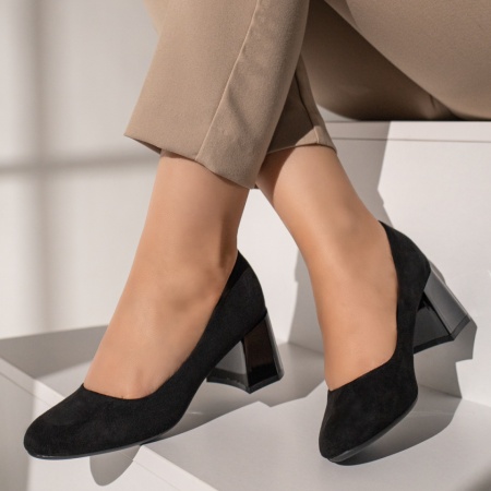 Pantofi cu toc gros dama, Pantofi dama cu toc negru suede MOD12110, modlet.ro