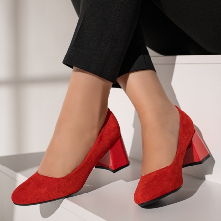 Pantofi cu toc gros dama, Pantofi dama cu toc rosu suede MOD12110, modlet.ro