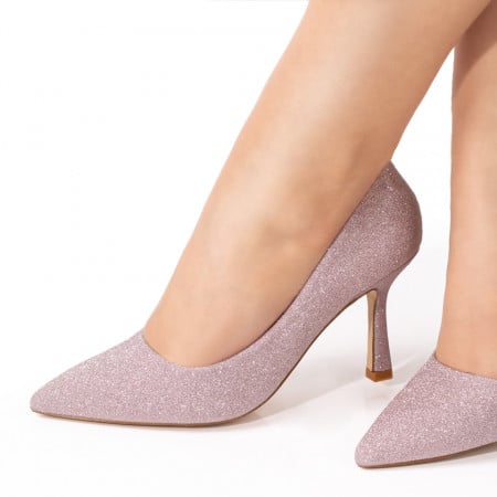 Pantofi cu toc, Pantofi dama cu toc roz glitter ZEF08566 - zeforia.ro