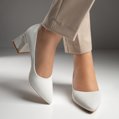 Pantofi dama, Pantofi dama cu toc si aplicatii cu pietre albi MOD12025, modlet.ro
