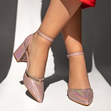 Pantofi dama cu toc si bareta roz cu reflexii MOD07820, 4, modlet.ro