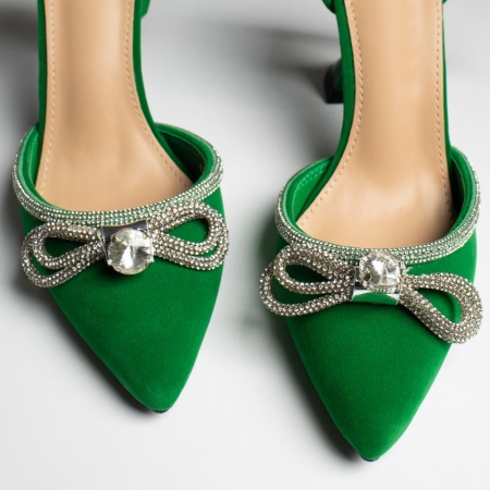 Pantofi dama cu toc si fundita cu strasuri verde suede LIA89, 4, modlet.ro