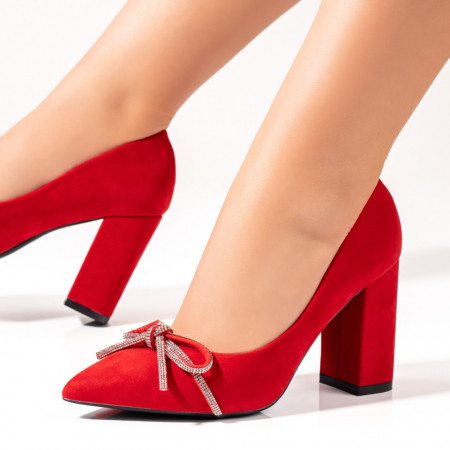 Pantofi cu toc gros dama, Pantofi dama cu toc si fundita rosii suede ZEF06131 - zeforia.ro