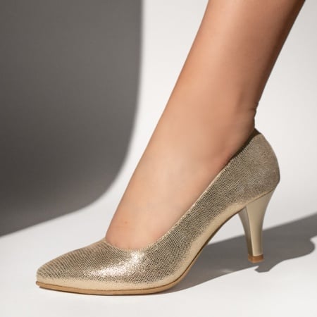 Pantofi dama cu toc subtire aurii din Pile naturala ZEF13498