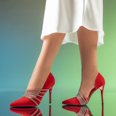 Pantofi dama cu toc subtire rosu suede MOD13911