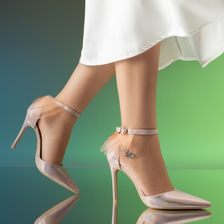 Pantofi dama cu toc subtire si fundita roz cu reflexii MOD13914