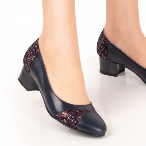 Pantofi cu toc mic dama, Pantofi dama eleganti cu toc albastri din Piele naturala ZEF00230 - zeforia.ro