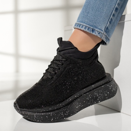 Adidasi dama, Pantofi dama sport cu strasuri si talpa groasa negri MOD12966, modlet.ro
