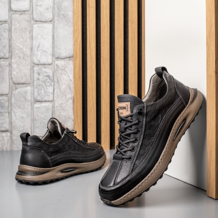 Pantofi sport barbati cu siret elastic negri din Piele naturala MOD11958