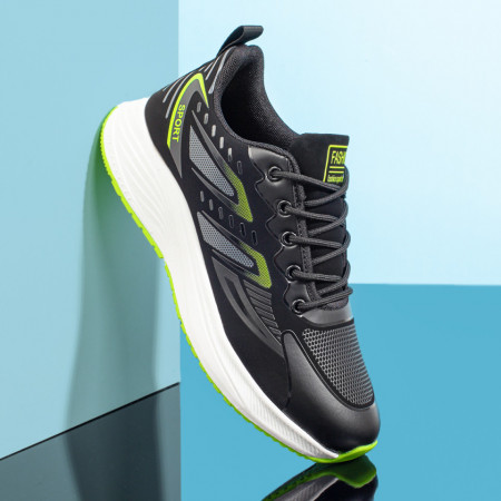 REDUCERI INCALTAMINTE, Pantofi sport barbati negri cu verde si talpa alba MOD10014, modlet.ro