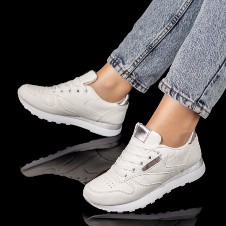 Adidasi dama, Pantofi sport dama albi cu argintiu si siret MOD09936, modlet.ro