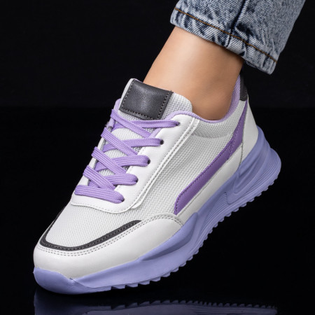 Adidasi dama, Pantofi sport dama albi cu mov si siret MOD08194, modlet.ro