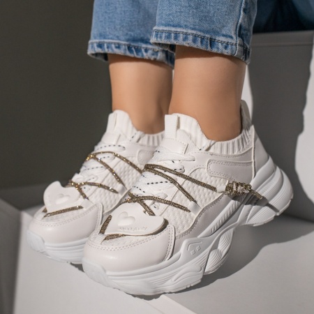 REDUCERI INCALTAMINTE, Pantofi sport dama albi cu siret si talpa groasa MOD11870, modlet.ro